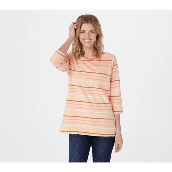 Denim & Co 4X Yarn Dye Stripe Top Perfect Jersey Peach Multicolor Stripes NWT - Picture 1 of 4